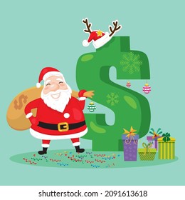  Weihnachtsmann mit Geschenktasche und Geschenktüte, Weihnachtsgeld-Zeichen, Illustration, Vektorgrafik