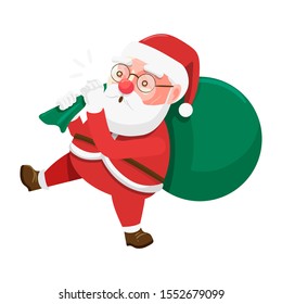 Santa Claus with a gift bag. Vector illustration in cartoon style. Isolated on white background. 
