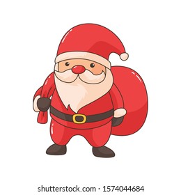 Santa Claus with a gift bag. Vector illustration in cartoon style. Isolated on white background. 