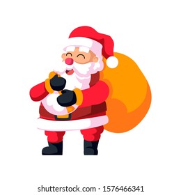 Santa Claus with a gift bag. Vector illustration in cartoon style. Isolated on white background. 