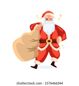 Santa Claus with a gift bag. Vector illustration in cartoon style. Isolated on white background. 