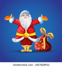 Santa Claus with gift bag vector illustration. Merry Christmas cartoon picture. Cartoon character for new year design.Greeting picture for the postcard. Isolate