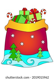Santa Claus Gift Bag - Vector Full Color Picture. Open sack of Santa Claus decorated with Christmas trees, snowflakes, snow. Reinforced boxes with ribbons and lollipops
