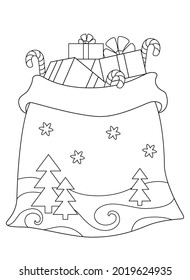 Santa Claus Gift Bag - vector linear picture for coloring. Outline. Open bag decorated with Christmas trees, snowflakes. Strongboxes and lollipops element for christmas coloring book