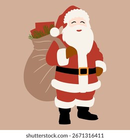 Santa Claus with gift bag vector illustration. Cute Christmas holiday character clipart. Hand drawn festive Santa design for greeting cards, stickers, posters, wrapping paper.