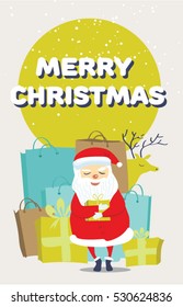 Santa Claus with a gift, bags and a deer