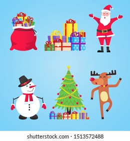 Santa Claus, gift bags with gifts, snowman, christmas tree, reindeer set flat style character vector illustration. Christmas eve mascots and symbol isolated on light blue background.