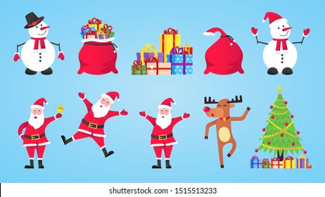 Santa Claus, gift bags with gifts, snowman, christmas tree, reindeer set flat style character vector illustration. Christmas eve mascots and symbol isolated on light blue background.