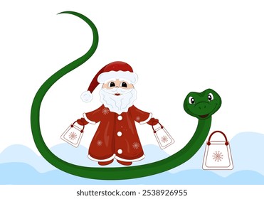 Santa Claus with gift bags and symbol of the year green snake. Vector color illustration with design elements for New Year and Christmas.