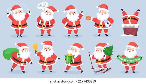 Santa Claus with gift box, bag, tree, in chimney. Funny magic cartoon character Santa Claus for Christmas and New Year vector set