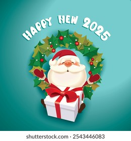 Santa Claus with a gift box and Christmas wreath, Happy New Year 2025 celebrate concept