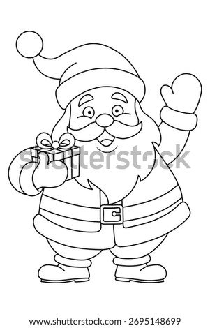 Santa Claus with Gift Box Coloring Page for Kids. Merry Christmas. Happy New Year. Vector line art for children's Christmas activity, holiday printable, festive craft project, and winter coloring book