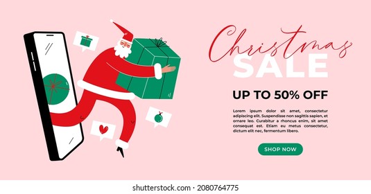 Santa claus with gift box comes out of smartphone. Fast online delivery Christmas gifts concept.