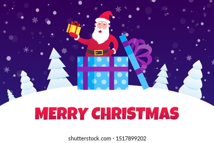 Santa Claus in the gift box flat style design icon sign vector illustration postcard. Symbol of xmas holiday celebration isolated on dark snow background.