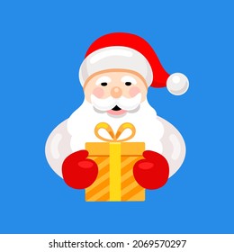 Papá Noel con una caja de regalo. Ilustración vectorial plana sobre fondo azul