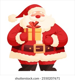 Santa Claus with a gift box in his hands. Isolated on a transparent background