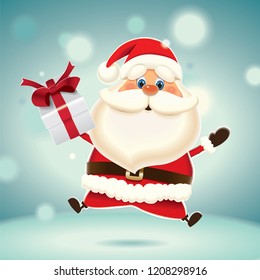 Santa Claus with gift box jumping up isolated on a turquoise sparkle background,Christmas greeting card