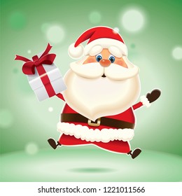 Santa Claus with gift box jumping up isolated on a green sparkle background,Christmas greeting card