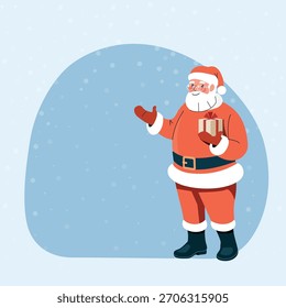 Santa Claus con caja de regalo apuntan a buen precio y los consejos utilizan este espacio de copia. Ilustración plana de Vector