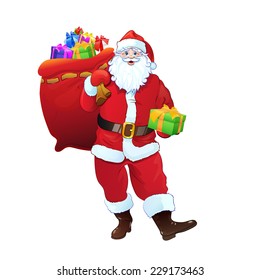 Santa Claus gift box sack full of christmas holiday present. Cartoon Vector Illustration isolated over white background