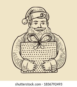 Santa Claus with gift box sketch. Christmas vintage vector illustration