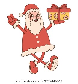 Santa Claus with gift box. Trendy hippie groovy style. Christmas illustration.	