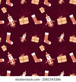 Santa Claus, gift box vector in red and yellow color combination with snowflakes seamless pattern background. Best for winter holiday fabric, giftwrap, scrapbooking, greeting cards design projects.