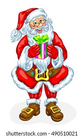 Santa Claus with a gift in a box. Vector illustration