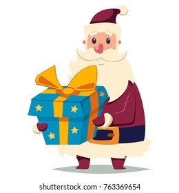 Santa Claus with gift box. Vector cartoon Christmas character isolated on white background.