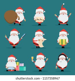 Santa claus with a gift box wishing merry christmas. Vector illustration of cartoon character.