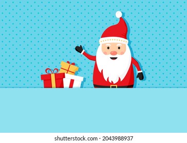 Santa Claus and and gift boxes, Christmas, New Year greeting card. Holiday banner with cute character. Cartoon illustration