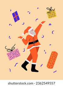 Santa Claus with gift boxes. Christmas card concept with winter holiday sale. Cartoon character. Vector illustration for poster, advert, card.