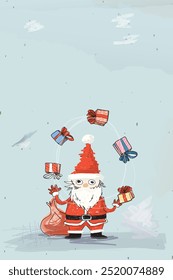 Papá Noel con cajas de regalo dibujadas a mano estilo infantil sobre fondo azul claro ilustración gráfica. La Plantilla de la Vertical de la tarjeta de felicitación de las Navidades felices tiene espacio en blanco.