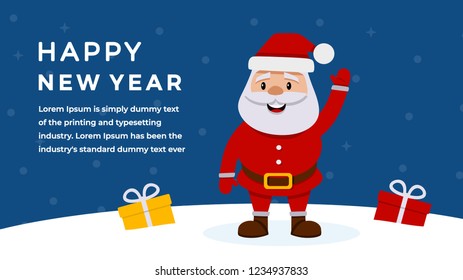 Santa Claus with Gift Boxes Happy New Year Greeting Card Flat Vector Illustration. Merry Christmas Flat Style Invitation