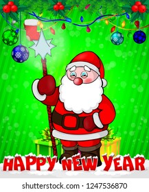 Santa Claus with gift boxes on green background.