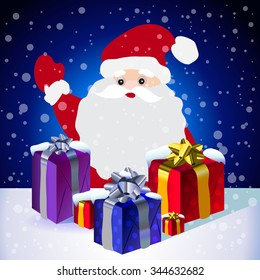 Santa Claus and gift boxes on a blue snowy background. Red boxes with golden bows and blue gifts with silver ribbons.
