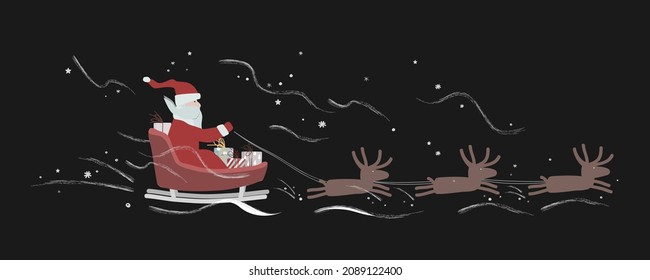 Santa Claus with gift boxes rides in a sleigh in harness on the reindeer. Flying deer herd vector illustration on black background.