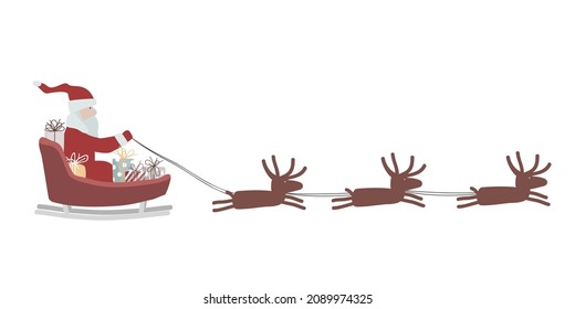Santa Claus with gift boxes rides in a sleigh in harness on the reindeer. Vector illustration isolated on white background.