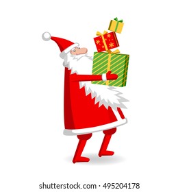Santa Claus with gift boxes. Vector illustration of character isolated on white  background.