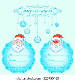 Santa Claus Gift cards. Christmas with vintage frame and Christmas wishes in English winter. Holidays sticker set 