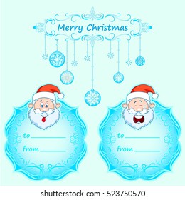 Santa Claus Gift cards. Christmas with vintage frame and Christmas wishes in English winter. Holidays sticker set 