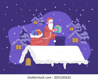 Santa Claus with a gift climbs into the chimney on the roof of the house, next to the bag of gifts, with the winter village in the background