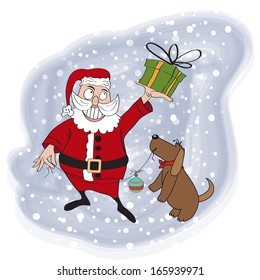 Santa Claus with gift, comic illustration  in vector format