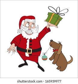 Santa Claus with gift, comic illustration  in vector format