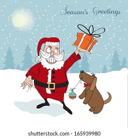 Santa Claus with gift, comic illustration  in vector format