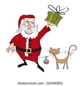 Santa Claus with gift, comic illustration  in vector format