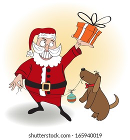 Santa Claus with gift, comic illustration  in vector format