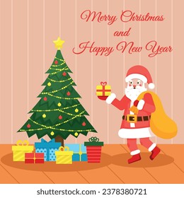 Santa claus with a gift, decorated Christmas tree. Merry Christmas and Happy New Year holiday card. Vector illustration