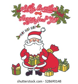 Santa Claus with a gift in hand and a lot of boxes around. Christmas and New Year greeting design