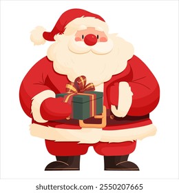 Papai Noel com um presente nas mãos. Isolado em um fundo transparente